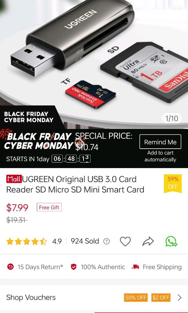 Ugreen USB 3.0 Card reader SD Micro SD Mini smart card, Mobile Phones