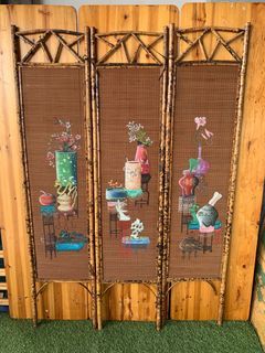 vintage chinese hand painted bamboo screen 3 panel