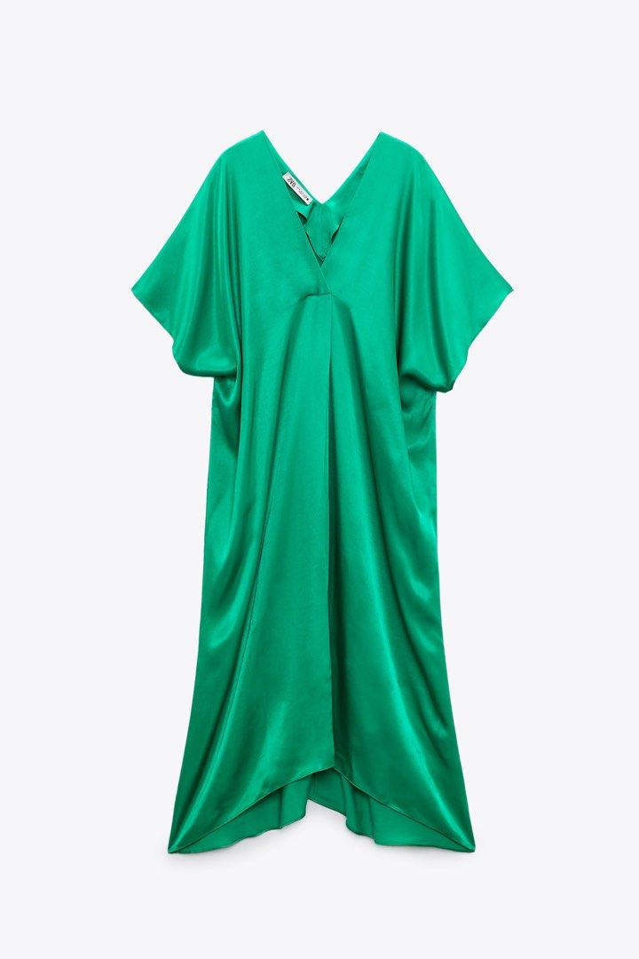 zara satin effect tunic dress ZARA Long Floral Embroidered Satin Shirt Dress Tunic Khaki Green 7521/058 XS