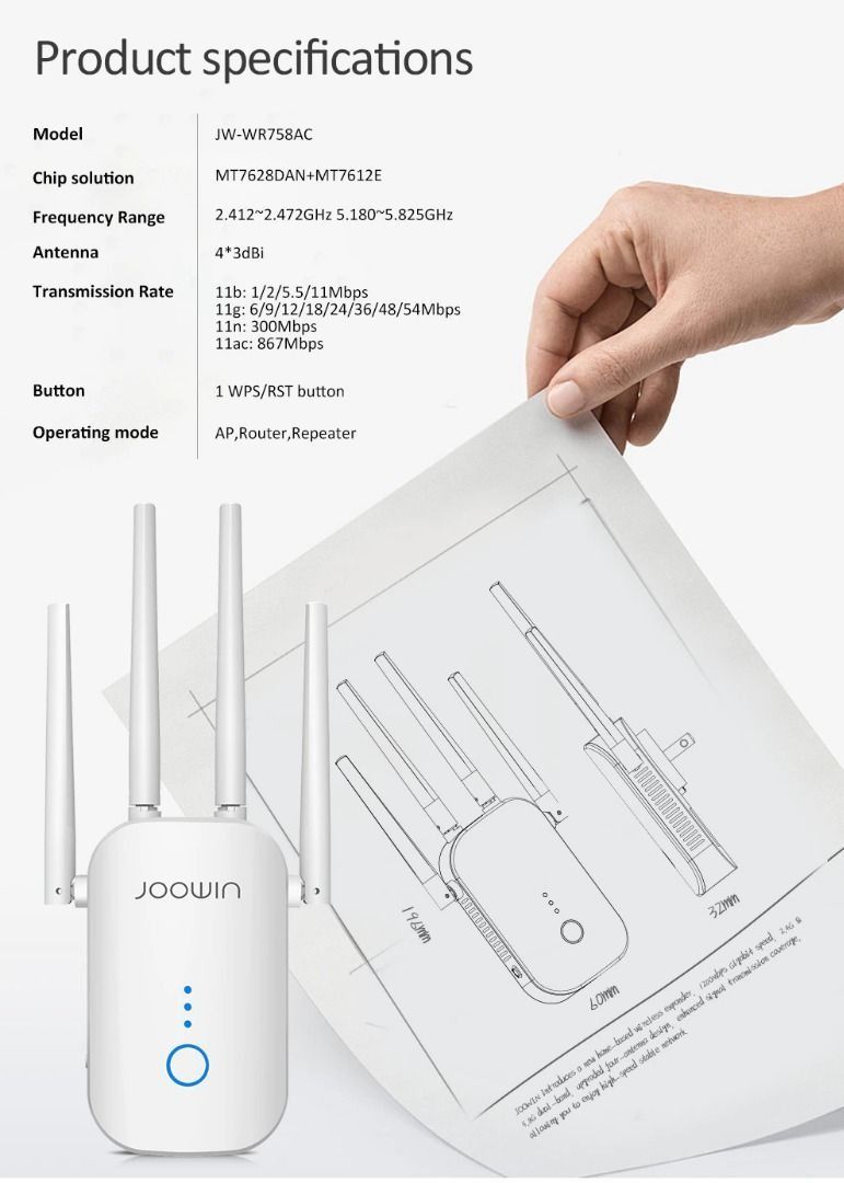 2920] Joowin JW-WR758AC 1200Mbps High Speed Wifi Repeater