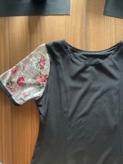Floral sleeve black skater dress