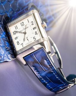 Handmade Handstitched Watch Strap In Tie Dye Blue Crocodile Leather For Client’s JLC Reverso Watch