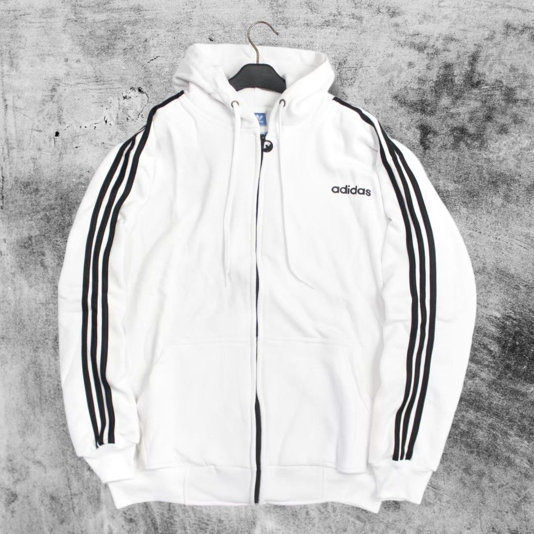 Hoodie Zipper Adidas Stripe Putih, Fesyen Pria, Pakaian Baju