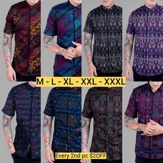Men Short Sleeve Songket Batik Shirt Purple Brown Black Shirt