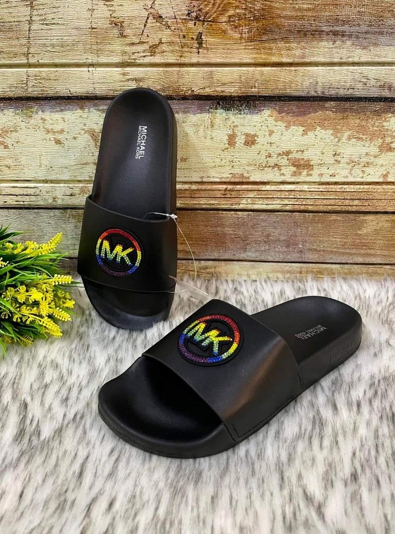 MK Gilmore Rainbow Embellished Logo Slides US6 7 8 Women s Fashion Footwear Slippers and slides on Carousell