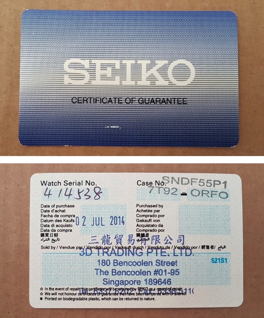 Seiko Wristwatch Warranty Card and Booklet Seiko Certificate of