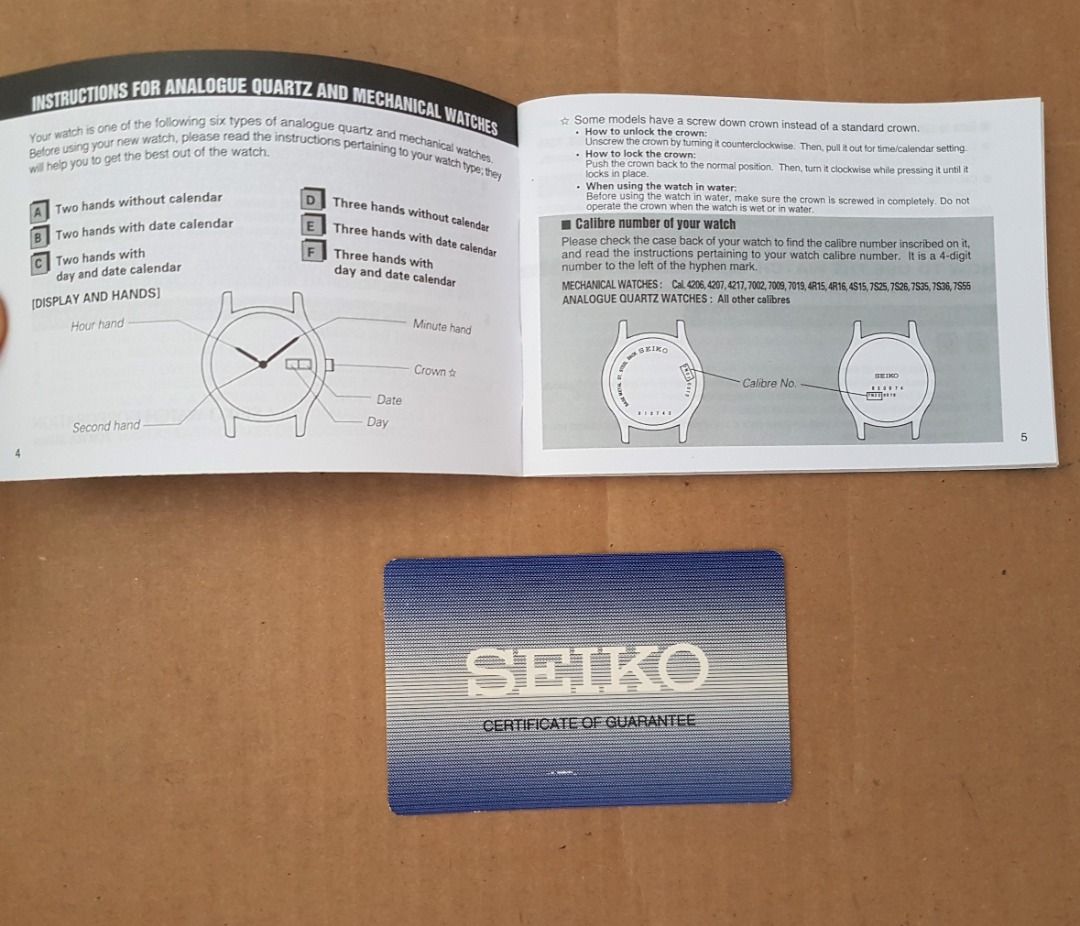 Seiko Wristwatch Warranty Card and Booklet, Seiko Certificate of