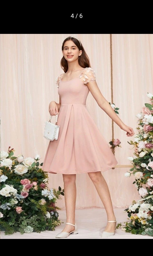 Shein Teens Girl Mesh Puff sleeve Fold pleated Dress Women s