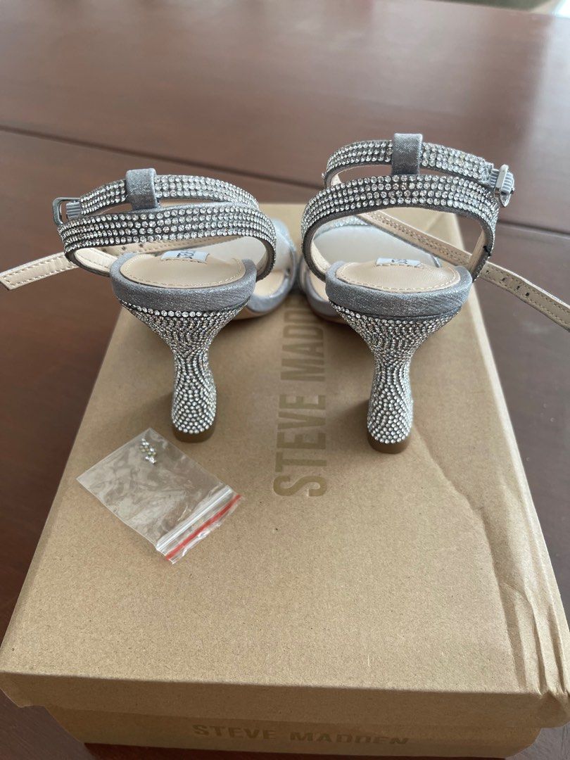 Steve Madden Silver Sandals (Category: Heels) located in Cavite. Submitted by lizzybc (Listing ID 1198883631, Image 3). Description: Bnew Steve Madden Silver Sandals with Rhinestones Size 4M RFS: Too high for me.