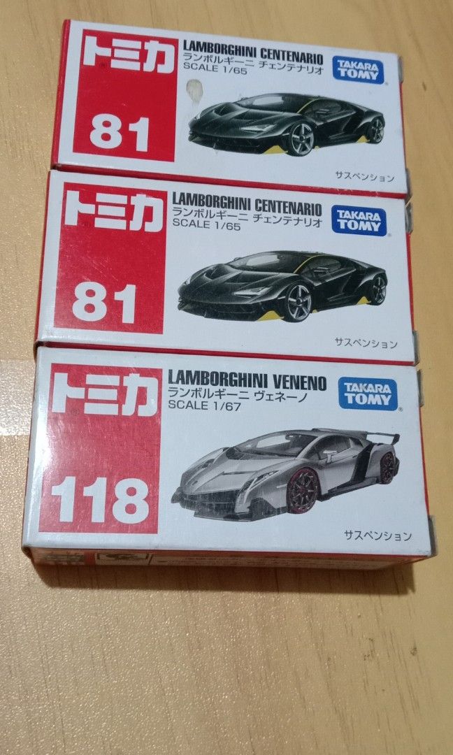 Tomica Lamborghini Set of 3 (Category: Vehicle & Diecast Models) located in Quezon. Submitted by lled23 (Listing ID 1154802395, Image 3). Description: Tomica Lamborghini Set of 3 - brandnew - inspected only the toy and return ot to box - never been played - displayed only in a glass cabinet issue: 1 of the box of lambo centenario have a stain in the box. as you can see in the pic. 0927 409 9214.