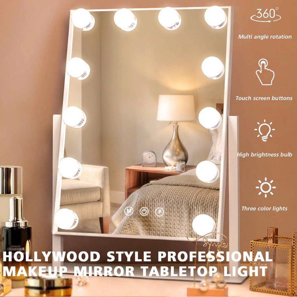 LUXFURNI Vanity Tabletop Hollywood Makeup Mirror w/USB-Powered Dimmable  Light, Touch Control, 12 Day/Warm LED Light (16Wx20L, White)