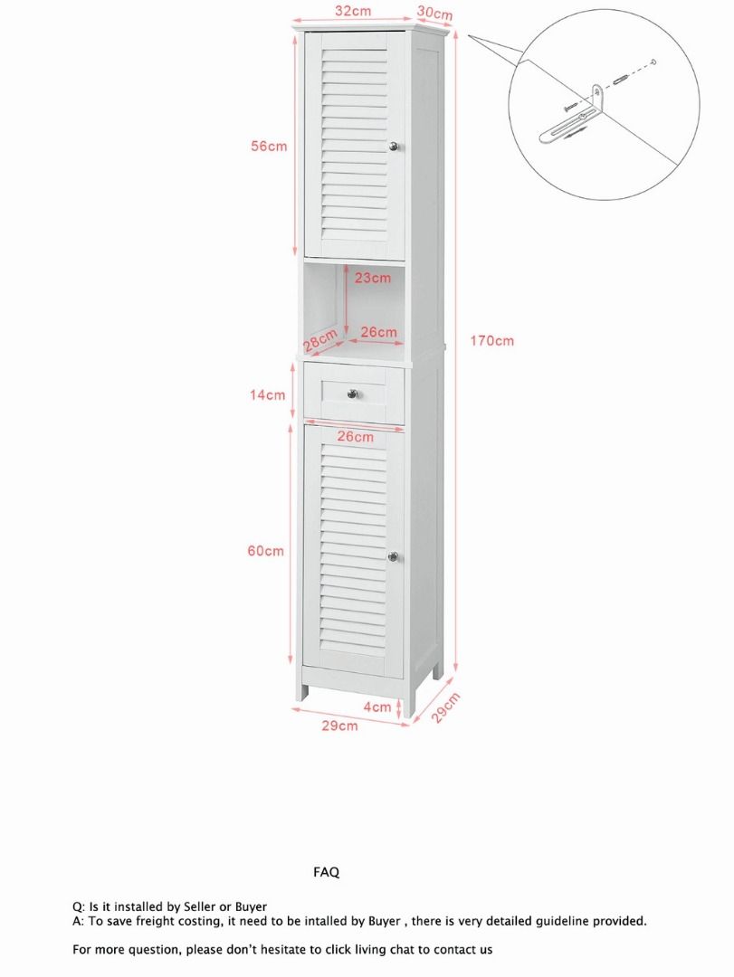 1.7m White Free Standing Tallboy Bathroom Storage Cupboard