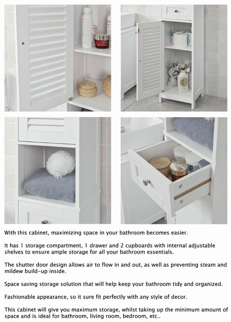 1.7m White Free Standing Tallboy Bathroom Storage Cupboard