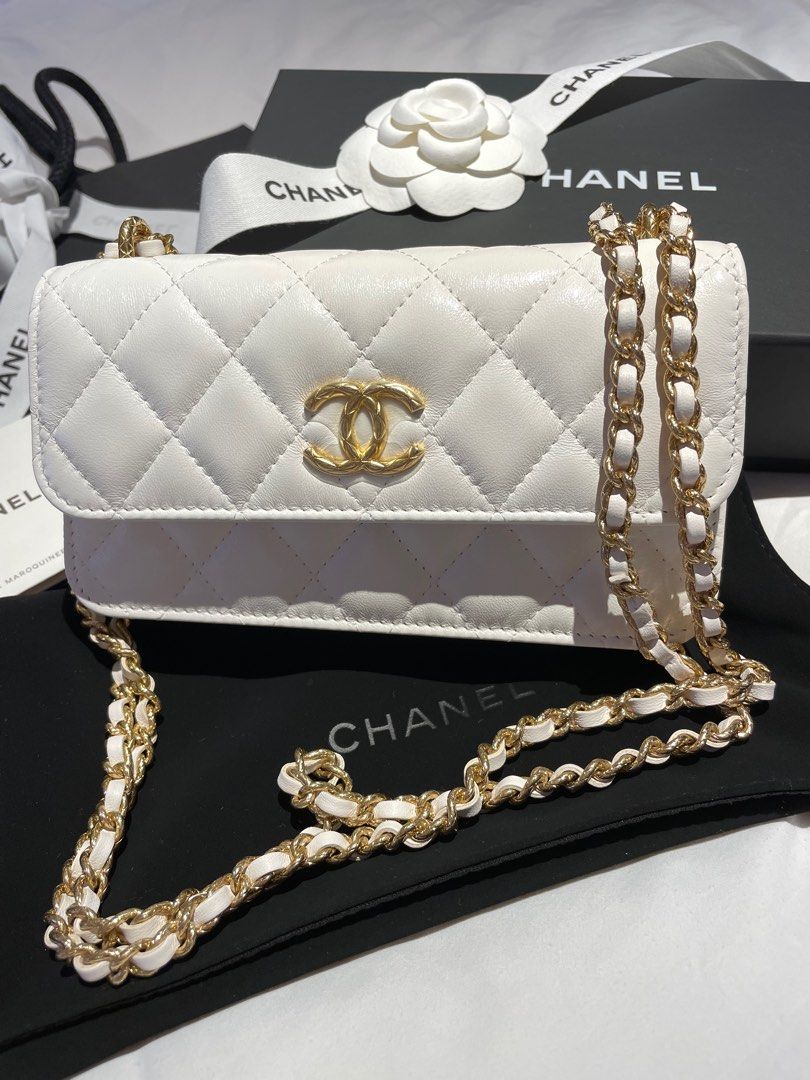 23C Chanel flap phone holder with chain white with Gold hardware
