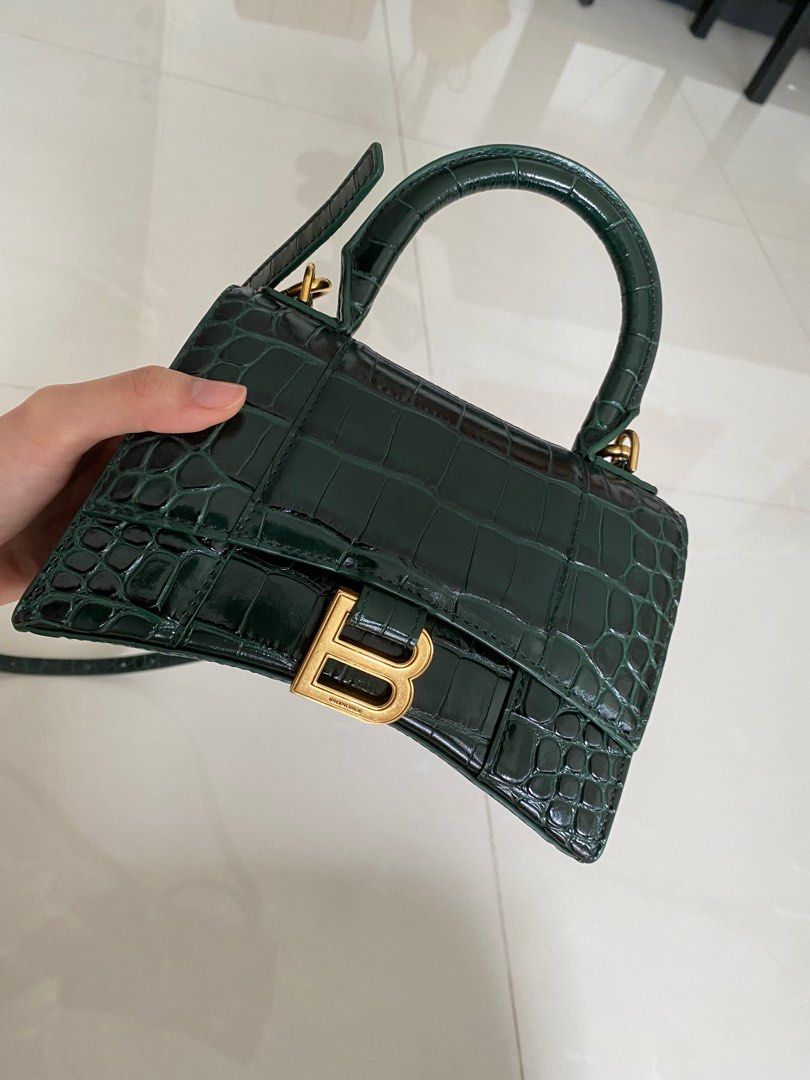 Balenciaga Women's Hourglass Xs Handbag Crocodile Embossed - Forest Green