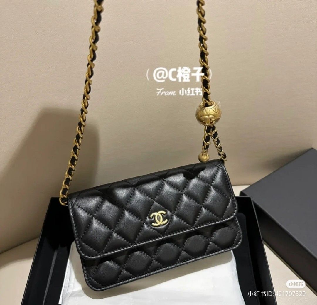 BNIB 23C Chanel Pearl Crush Phone Holder with Chain Mini WOC Wallet on  Chain Black