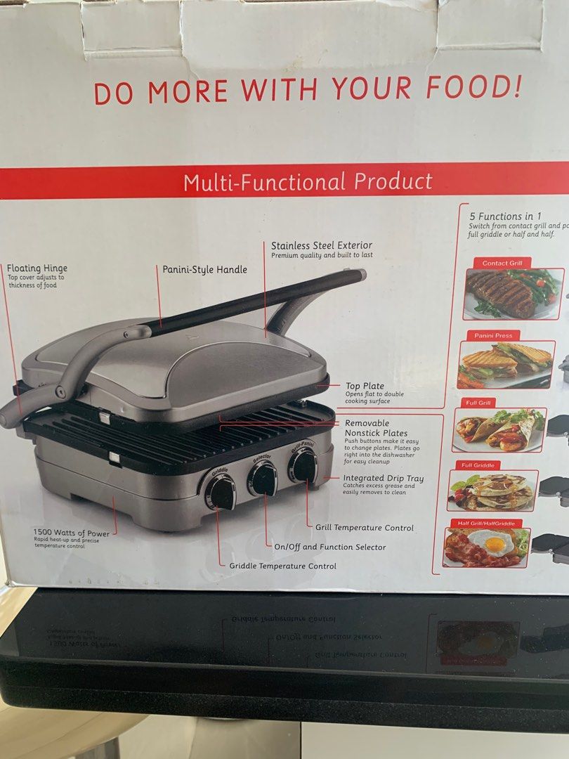 Cuisinart 5-in-1 stainless steel griddler (Category: Cookers) located in Taytay. Submitted by ccarci (Listing ID 1199113351, Image 3). Description: NHK model 14K original price Brand new and never been used. Slight damages in the box because of storage LWH: 13.5”(L) x 11.5”(W) x 7.12”(H) UC Weight: 12.000 UC Cubic Feet: 1.156 UC LWH: 9.0”(L) x 16.0”(W) x 13.88”(H) MC Quantity: 1 MC Weight: 12.000 MC Cubic Feet: 1.358 MC LWH: 16.75”(L) x 9.5”(W) x
