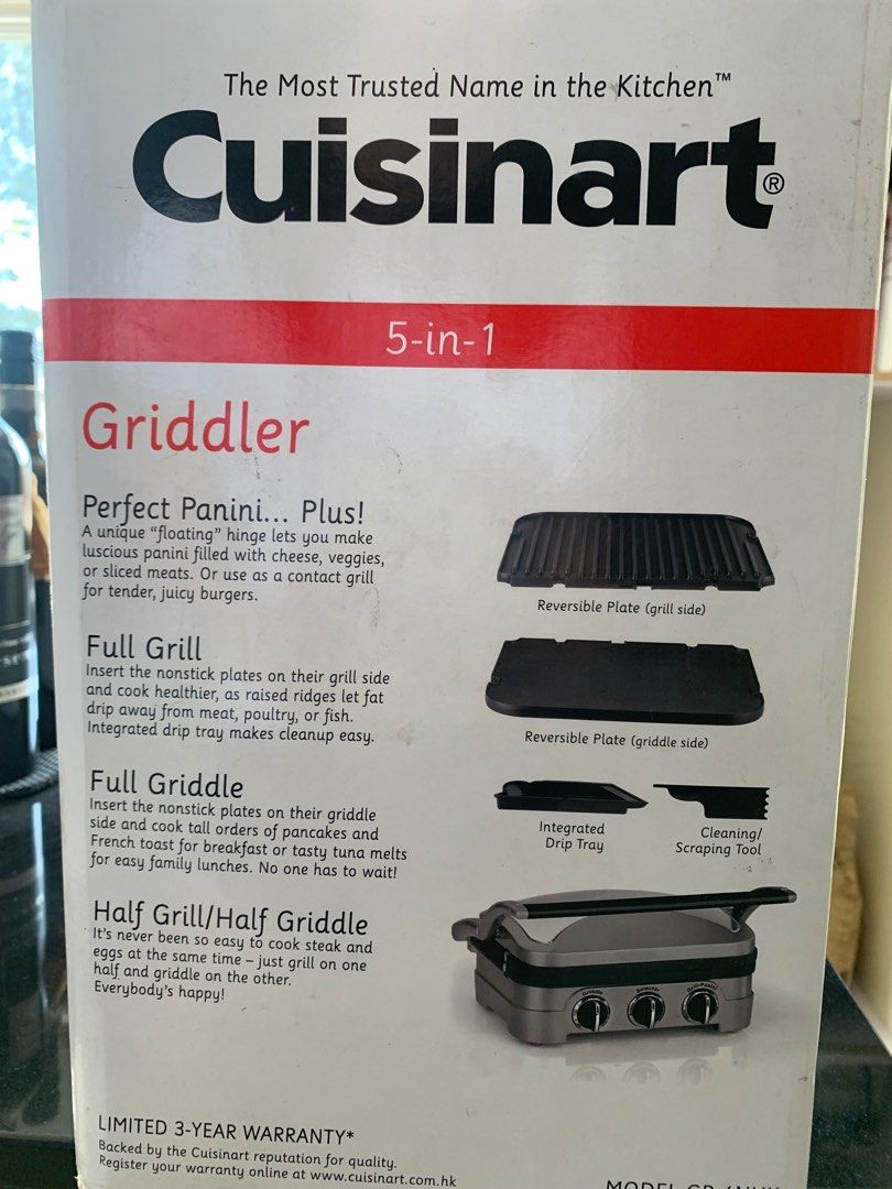 Cuisinart 5-in-1 stainless steel griddler (Category: Cookers) located in Taytay. Submitted by ccarci (Listing ID 1199113351, Image 2). Description: NHK model 14K original price Brand new and never been used. Slight damages in the box because of storage LWH: 13.5”(L) x 11.5”(W) x 7.12”(H) UC Weight: 12.000 UC Cubic Feet: 1.156 UC LWH: 9.0”(L) x 16.0”(W) x 13.88”(H) MC Quantity: 1 MC Weight: 12.000 MC Cubic Feet: 1.358 MC LWH: 16.75”(L) x 9.5”(W) x