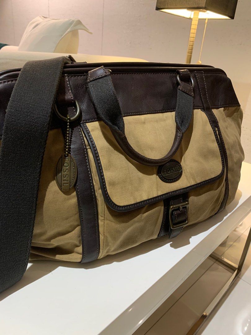 Authentic Fossil Estate Waxed Canvas & Leather Duffle Bag, Barang Mewah