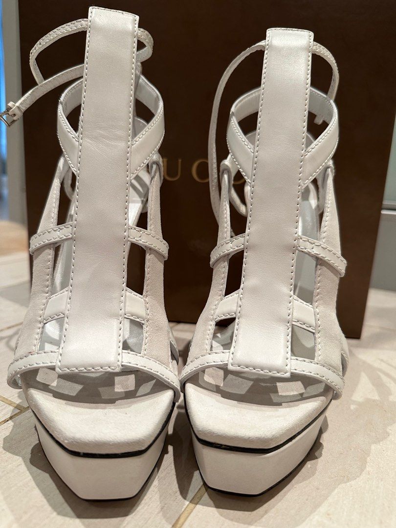 Authetic GUCCI White Leather Suede Strappy Platform LIFFORD MELBOURNE Gladiator Sandals