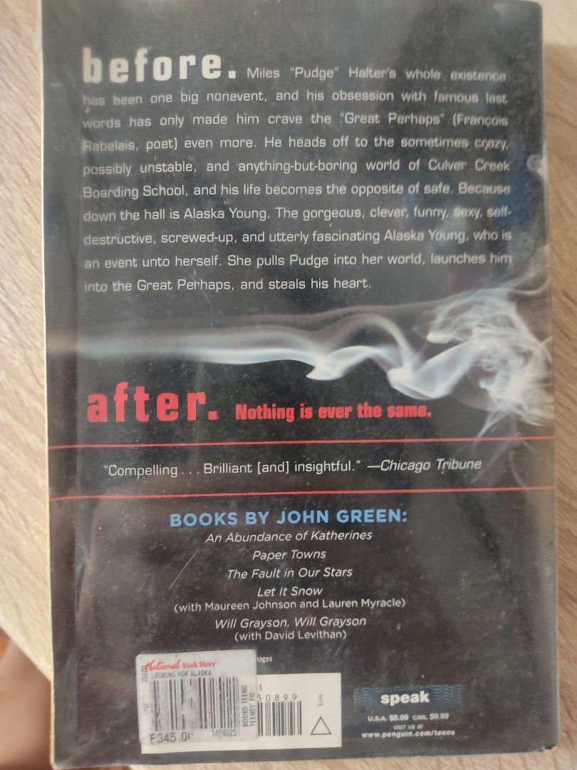 LOOKING FOR ALASKA BY JOHN GREEN (Category: Storybooks) located in Pasig City. Submitted by S07613 (Listing ID 1199102258, Image 2). Description: No torn pages but has yellow color due to passage of time.