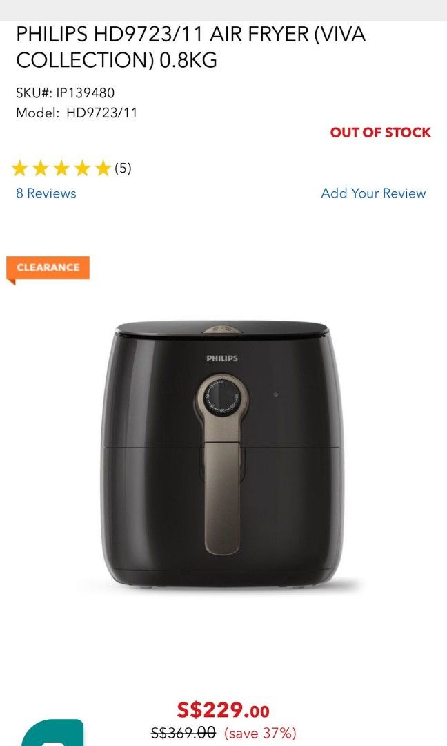 PHILIPS HD9723/11 AIR FRYER (VIVA COLLECTION) 0.8KG, TV & Home