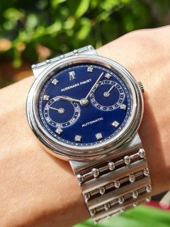 Possibly Unique LNOS Audemars Piguet Classique Day-Date "Owl" 25574BC Automatic Vintage Dress Watch in 18K White Gold with Midnight Blue Dial and Factory Diamond Indices on Integrated Bead Bracelet