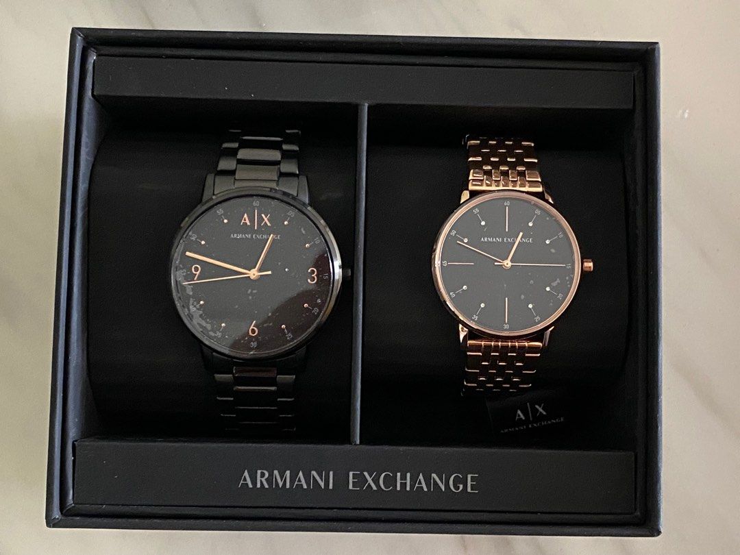 Armani Exchange Three-Hand Black and Rose Gold-Tone Stainless Steel Watch  Gift Set (42mm & 36mm) AX7143SET