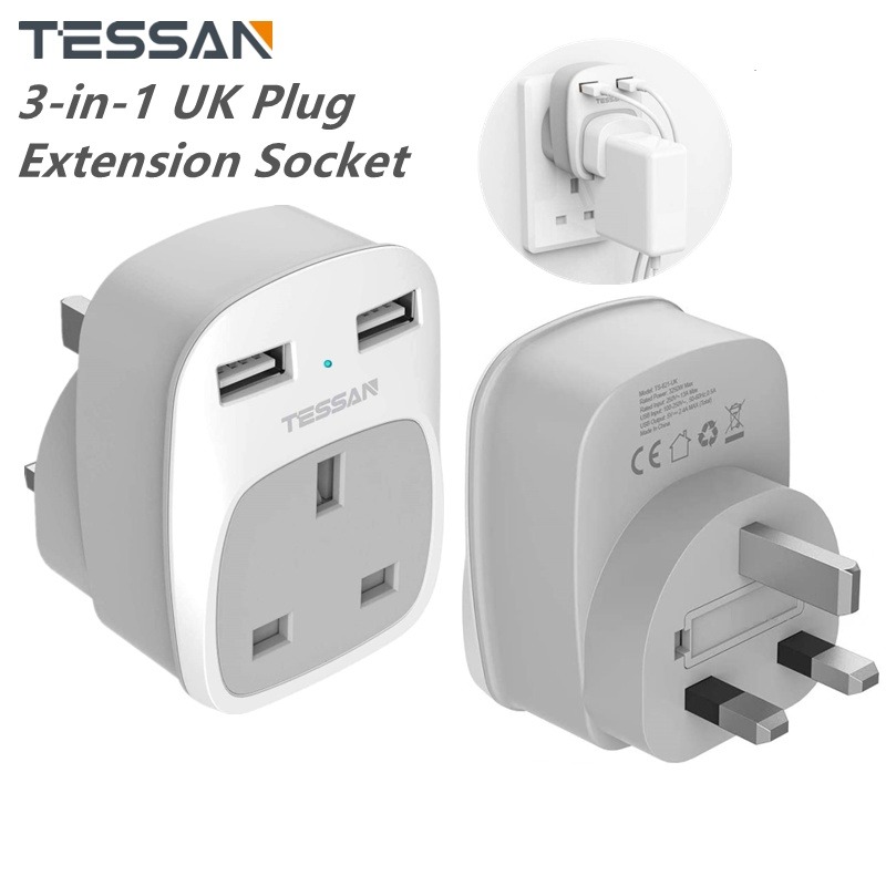 TESSAN Power Socket Adaptor With 2 USB Fast Charger + UK 3 Pin Plug