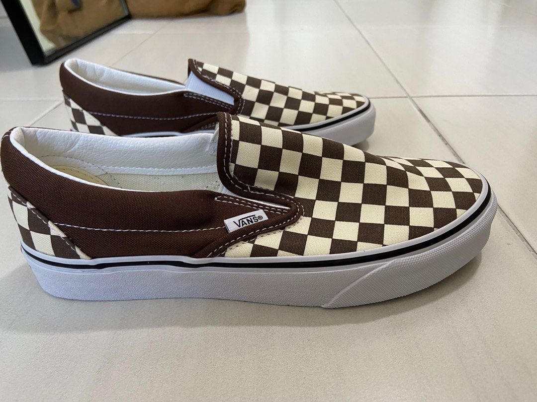 brown checkered vans slip on