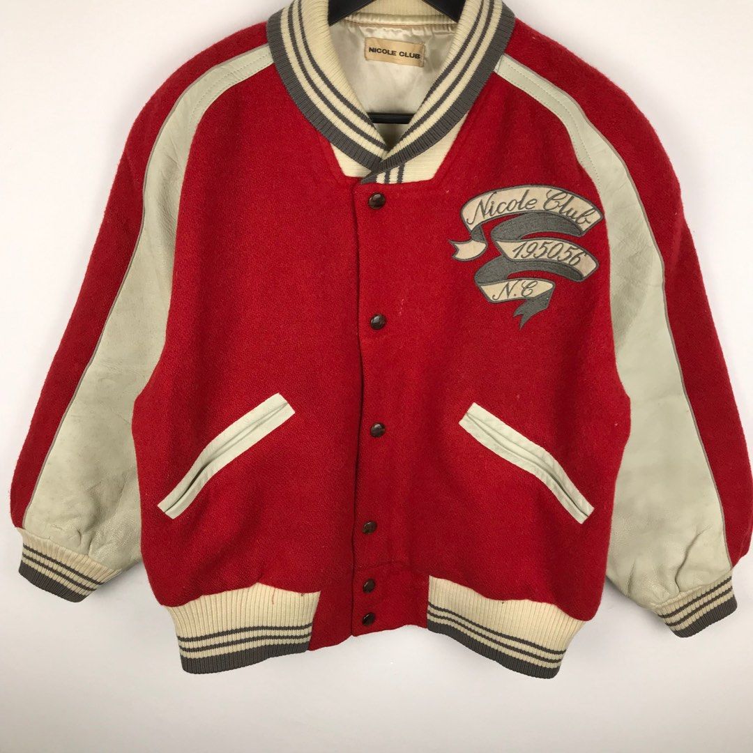 Vintage Japanese Nicole Club Leather Embroidery Varsity Jacket, Men's