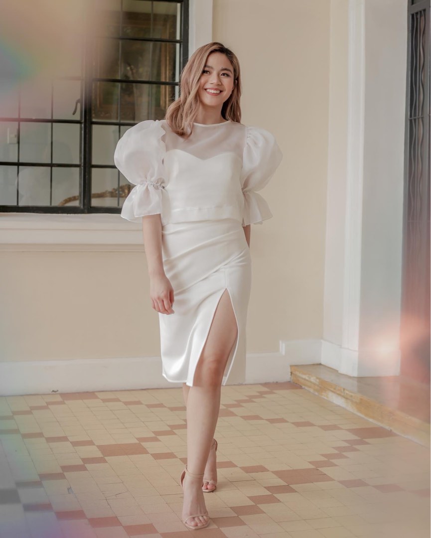 WHITE MODERN FILIPINIANA APARTMENT 8 MIDI GOWN FOR RENT Women s Fashion Dresses Sets Evening dresses gowns on Carousell
