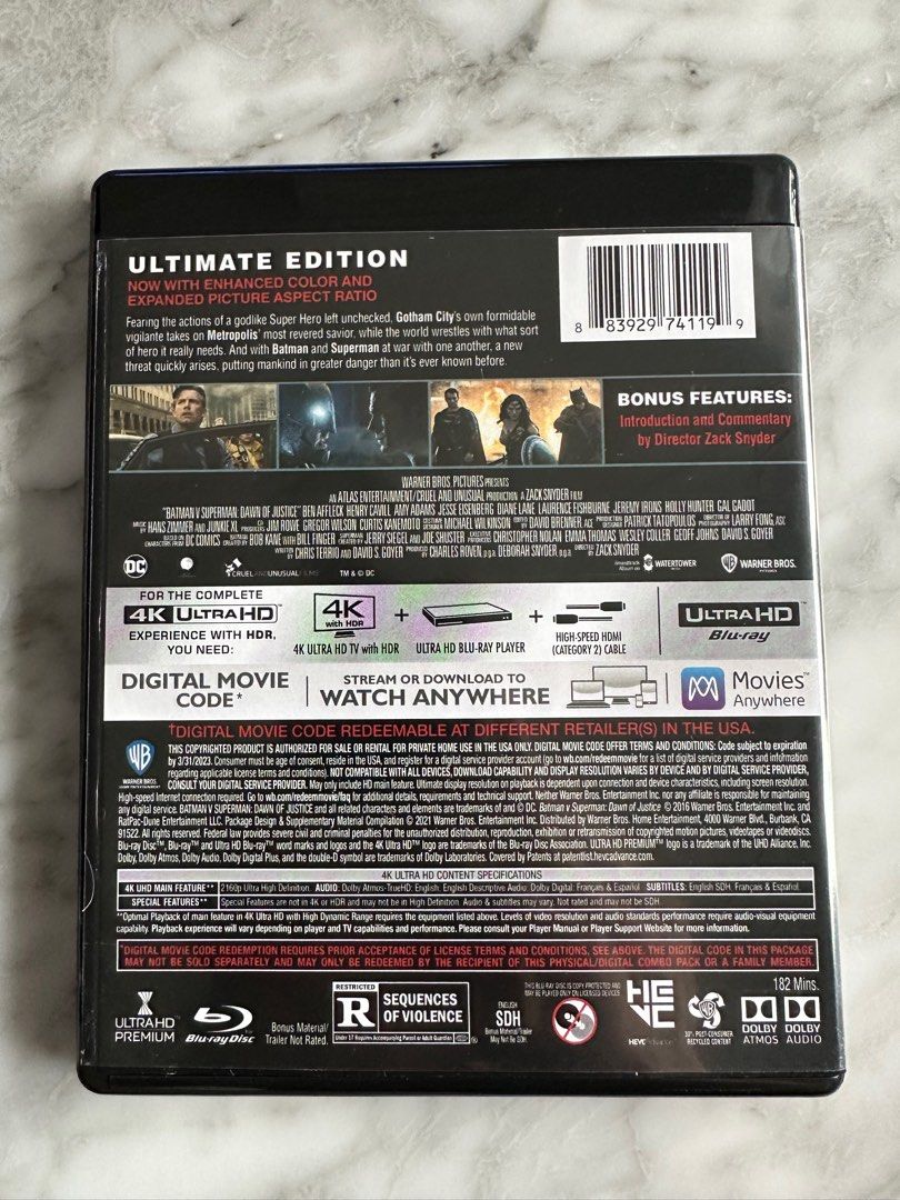 Batman vs Superman 4K Blu Ray 廣東話字幕 藍光, 興趣及遊戲, 音樂樂器 & 配件, 音樂與媒體 CD 及