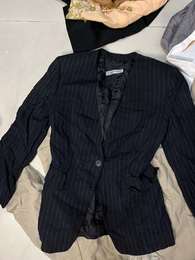 Off-Shoulder Pinstripe Blazer - Black main image 1
