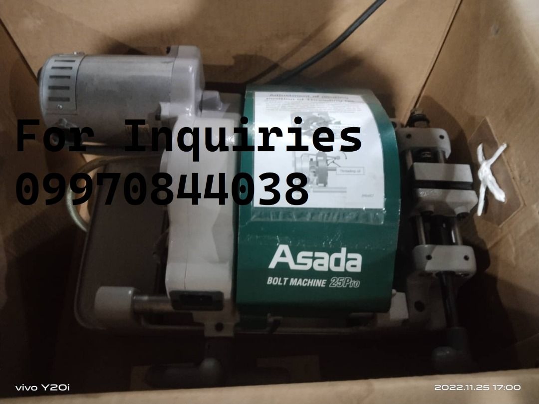 Bolt Threading Machine (Category: Industrial Equipment) located in Manila. Submitted by 09970844038rean.hayai (Listing ID 1199322583, Image 1). Description: Bolt Threading Machine Model : 25PRO Brand: ASADA Specs: (8-25MM) Price: 200,000.00 For Inquiries Globe:📞☎@0997-084-4038 Smart:📞☎@0932-627-7197 Viber:📞☎@0997-084-4038 Whatsapp:📞☎@0997-084-4038 Wechat:📞☎@0997-084-4038 Email me@ 📫📑r-e-a-n.-t-a-k-e-z-o-i-n-d-u-s-t-r-i-a-l-@-g-m-a-i-l-.-c-