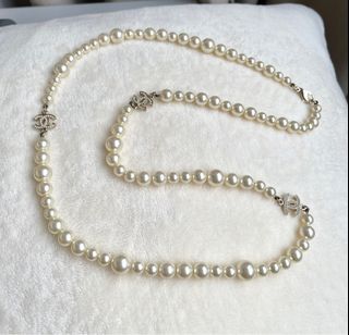 Chanel Silvertone Extra Long Faux Pearl and Baguette Crystal CC