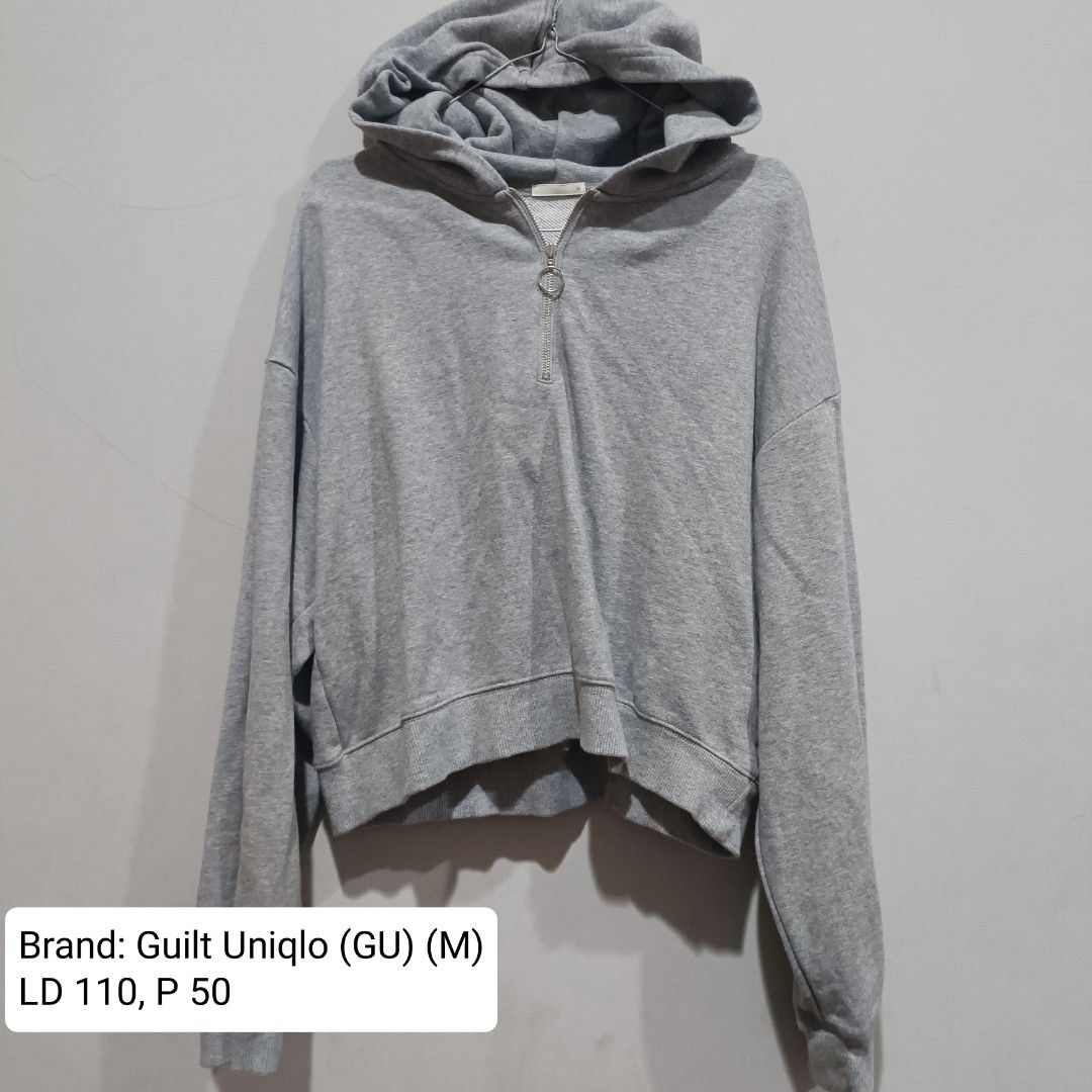 Crop hoodie Guilt Uniqlo M abu abu grey zipper, Fesyen Wanita