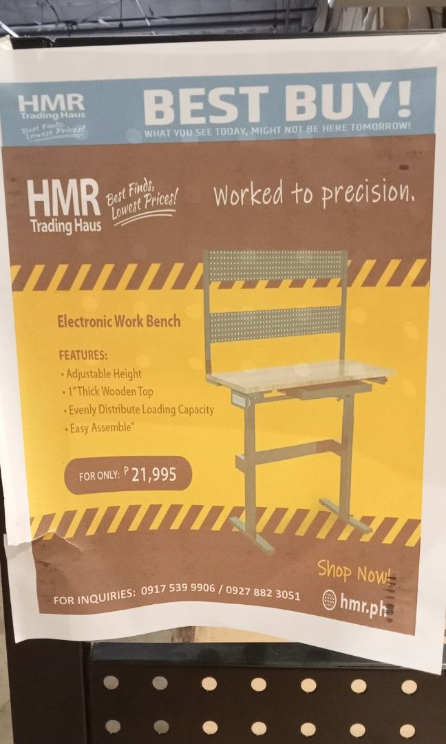 Electric Work Bench (Category: Office & Business Technology) located in Mandaluyong City. Submitted by mauriennamoncale63461 (Listing ID 1199251697, Image 2). Description: Electric Eork Bench adjustable Heigh 1thick Wooden Top Evenly Distribute Loading Capacity Easy Asimble.