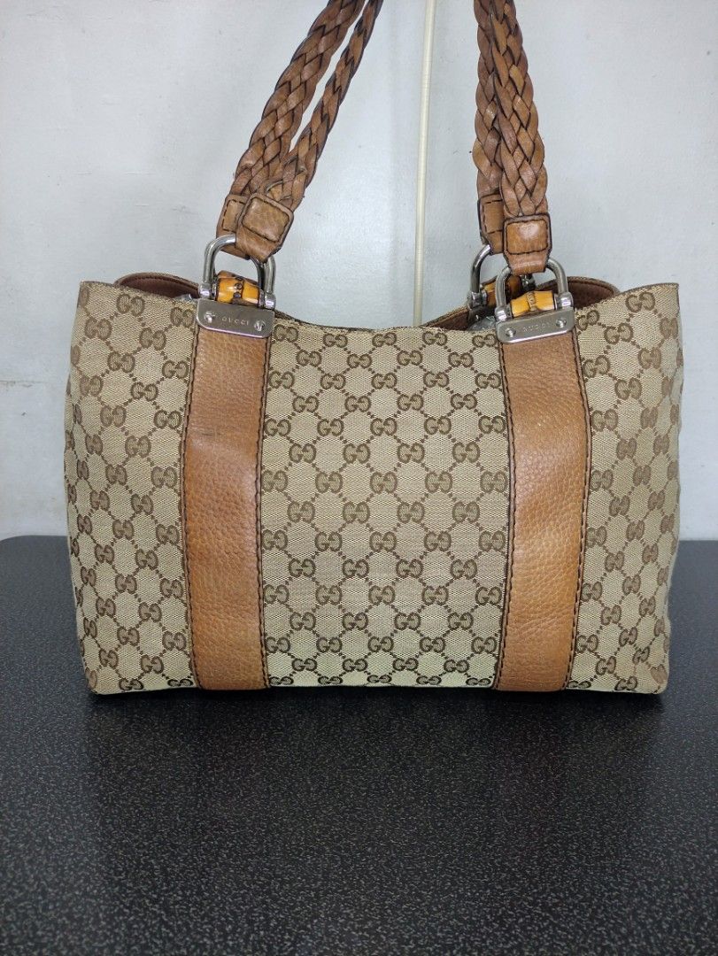 GUCCI Brown Monogram Canvas Tote Hobo Vintage Bag Bamboo Handle