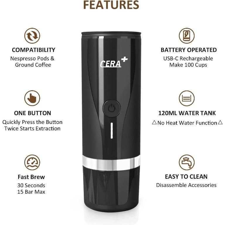 Curated visual reference: Compact Espresso Machine With Usb Charging Reference: Instock Cera Portable Espresso Machine Small Electric Coffee Maker