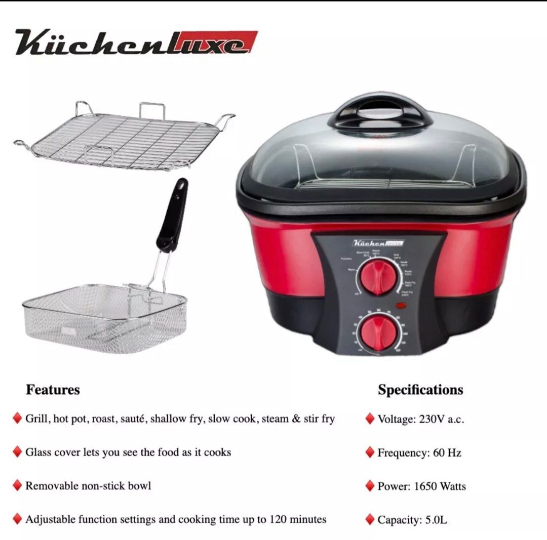 Kuchenluxe 8 in 1 5L Multicooker (Category: Cookware & Accessories) located in Paranaque City. Submitted by homebox.com (Listing ID 1199411670, Image 2). Description: PROMO UNTIL MAY 2026- BUY 1 and get 2nd item with a lower amount in the items for sale at 30%off. Grill, hot pot, roast, sauté, shallow fry, slow cook, steam & stir fry Glass cover lets you see the food as it cooks Removable non-stick bowl Adjustable function settings and cooking ti