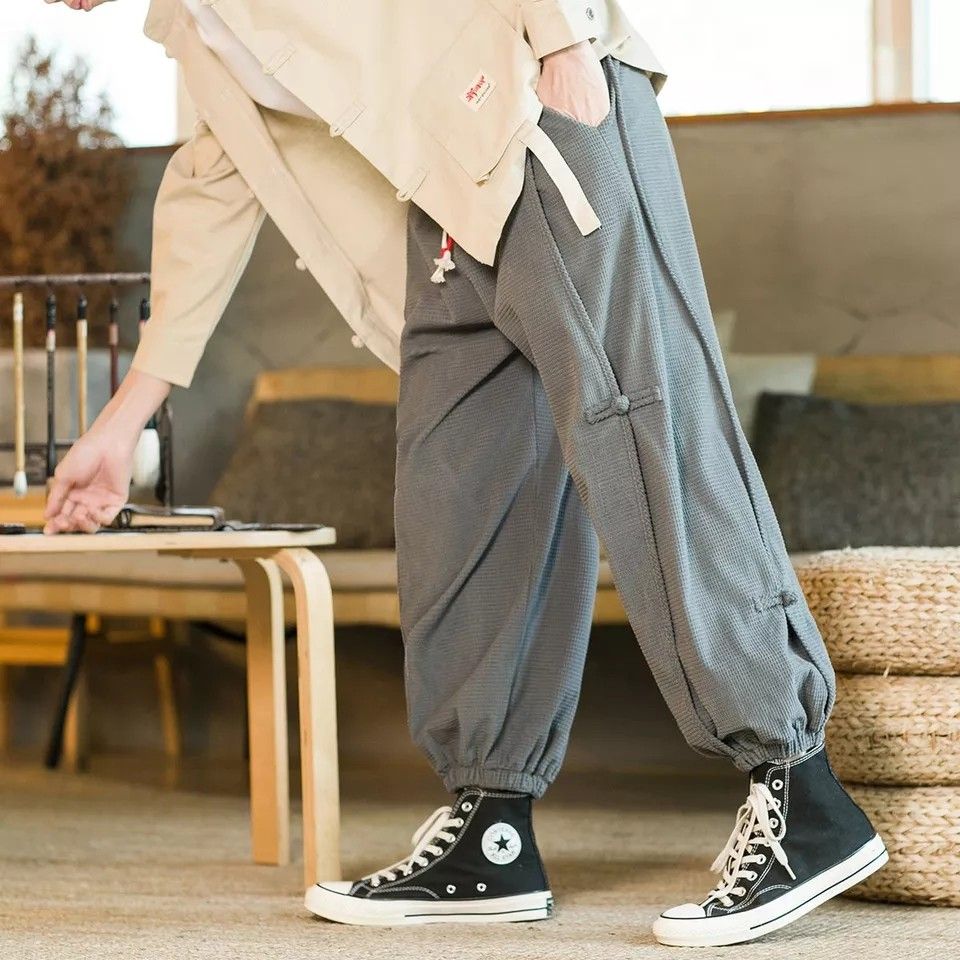 Chinese Style Loose Oversized Wide Leg Pants Ribbon Waist Linen Trousers  Men Retro Hanfu Harajuku Clothes Male Black 5XL : Amazon.co.uk: Fashion