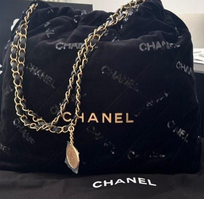 RARE Chanel 22 Small- Velvet, Sequins & Gold-Tone Metal, Black