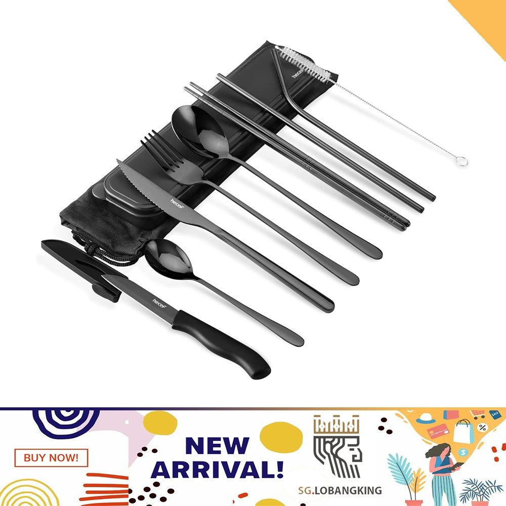 Hecef 11 Pcs Titanium Utensils Portable Reusable Travel Camp Cutlery Set Flatware Silverware Set, Black