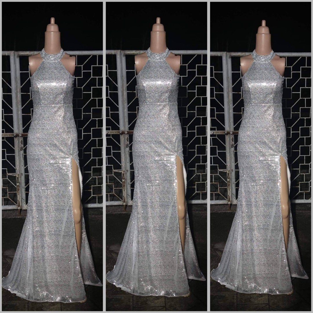 Half Sleeves Long Gown with Slit Silver Plus Size main image 0