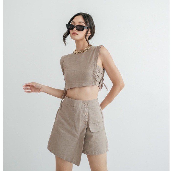 taviathelabel one set sleeveless nude khaki setelan baju set wanita tanpa  lengan