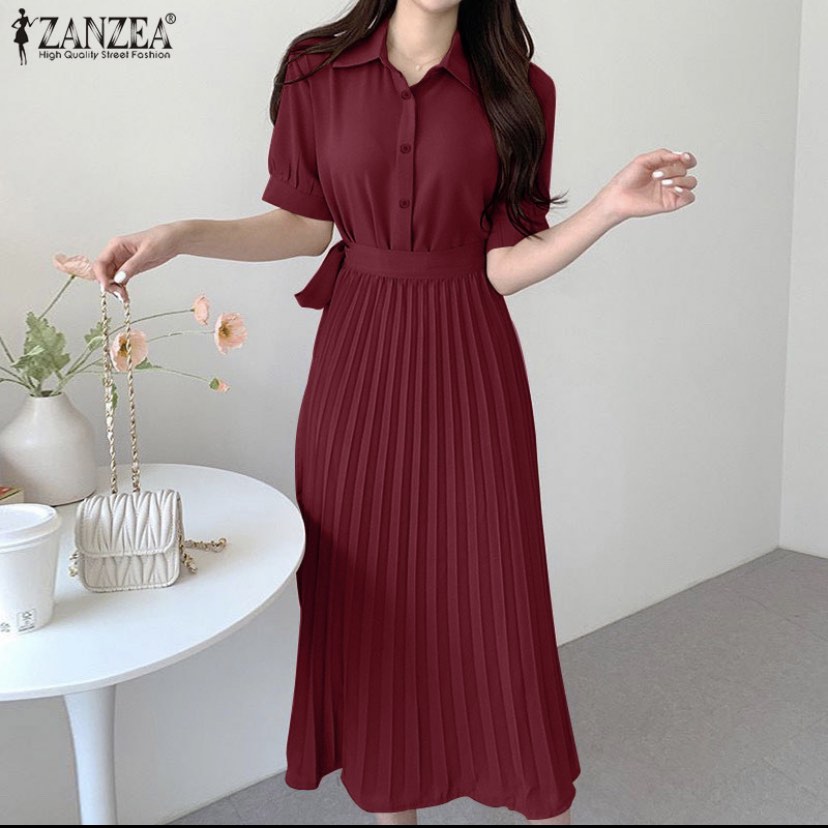 ZANZEA Women Exclusive Red Wine Short Sleeve Collared A Line Solid Pleated  Maxi Shirt Dress(pit21inch/length48inch), Women's Fashion, Dresses & Sets,  Dresses on Carousell