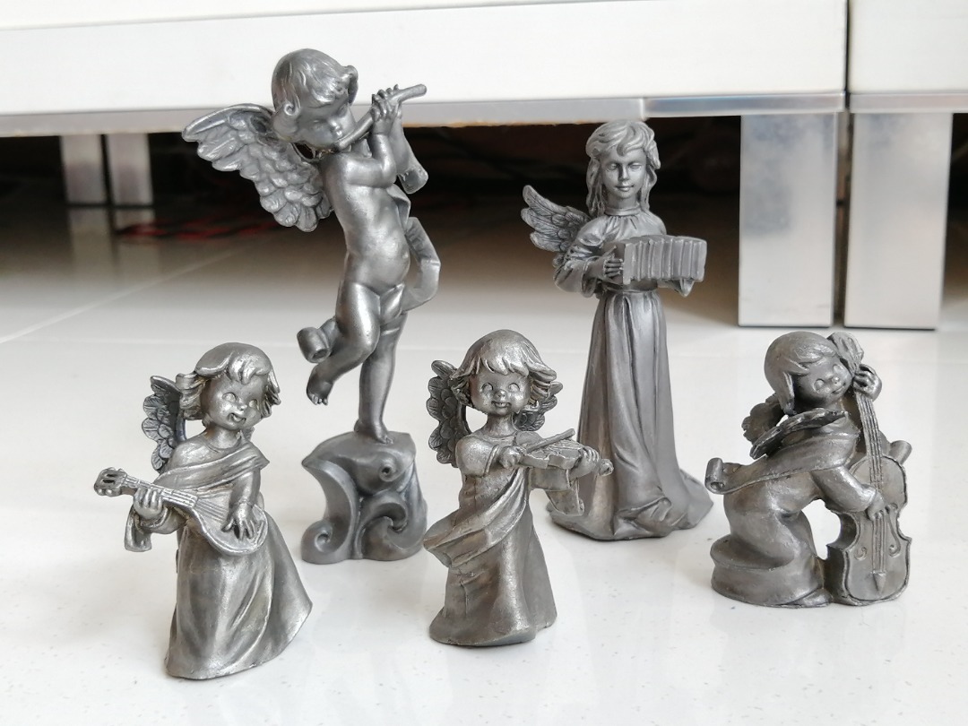 5 Pewter Cupid ANGELS Playing Musical Instruments Accordion, Flute