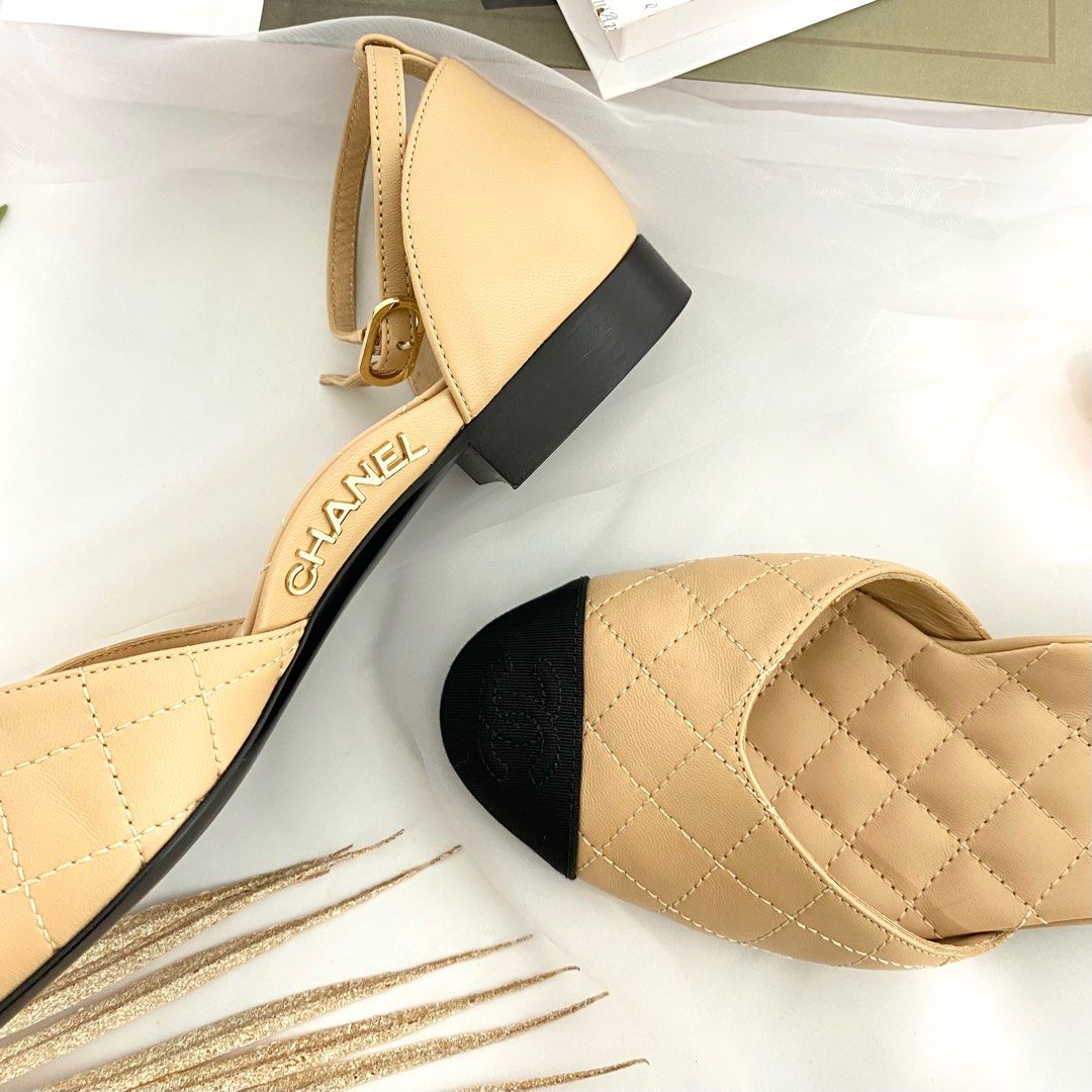 ?% Authentic Chanel Beige & Black Quilted Cap Toe Adjustable Ankle Strap  Sandals, Luxury, Sneakers & Footwear on Carousell