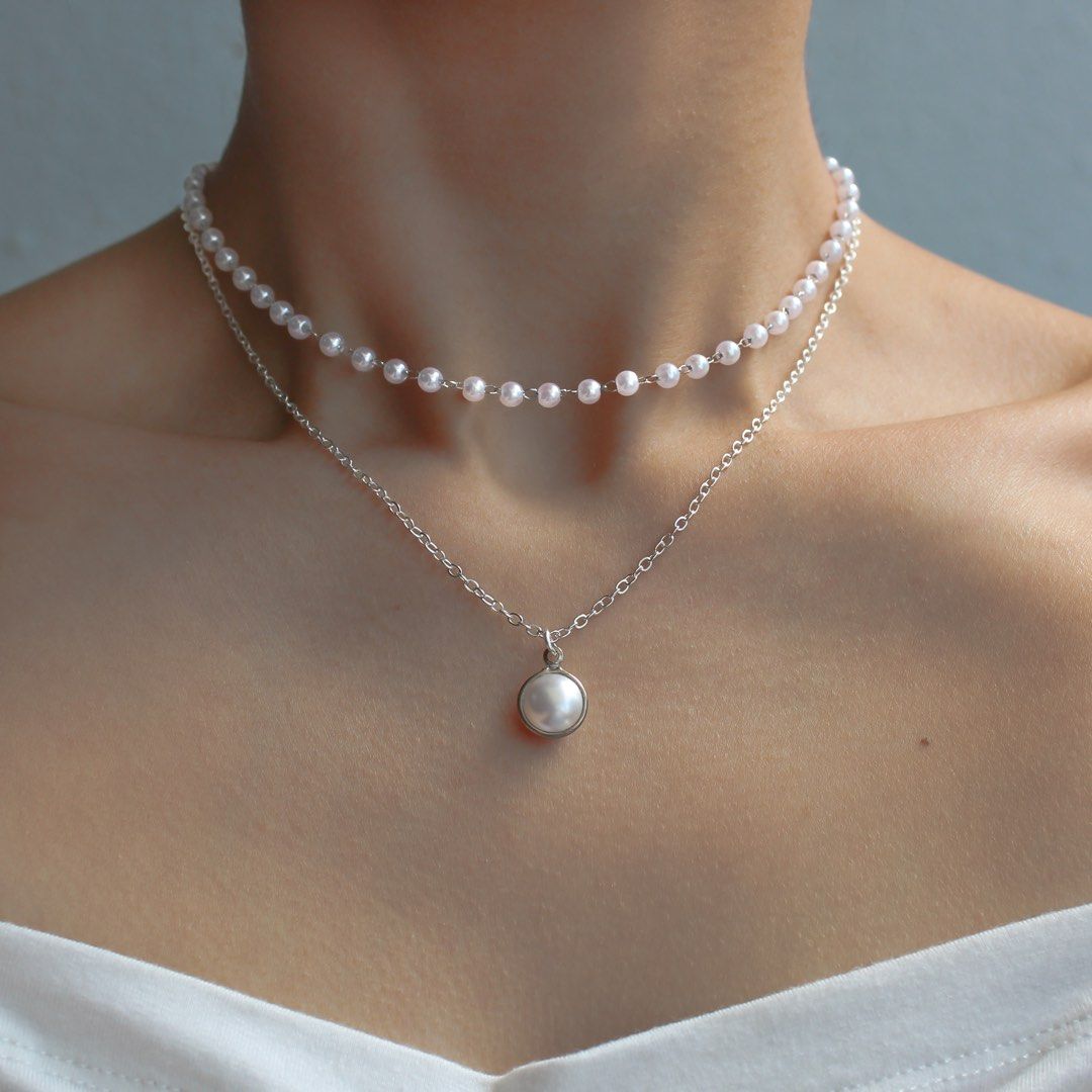 Hot Selling Elegant Double Layered Pearl Necklace Silver Chain White Pearls Bead Choker